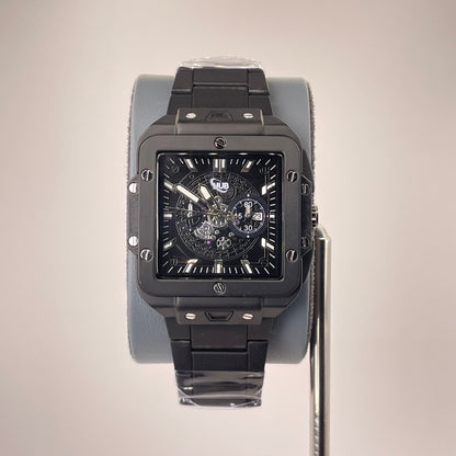 Hublot Santos Inspired Skeleton Chronograph - Integrated Stainless Steel Chain - Full Black Edition