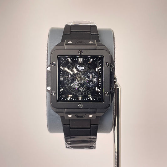 Hublot Santos Inspired Skeleton Chronograph - Integrated Stainless Steel Chain - Full Black Edition