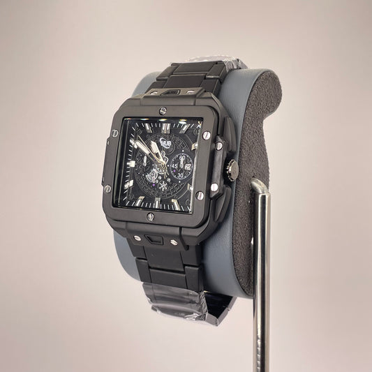 Hublot Santos Inspired Skeleton Chronograph - Integrated Stainless Steel Chain - Full Black Edition