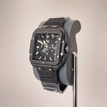 Hublot Santos Inspired Skeleton Chronograph - Integrated Stainless Steel Chain - Full Black Edition
