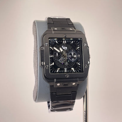 Hublot Santos Inspired Skeleton Chronograph - Integrated Stainless Steel Chain - Full Black Edition