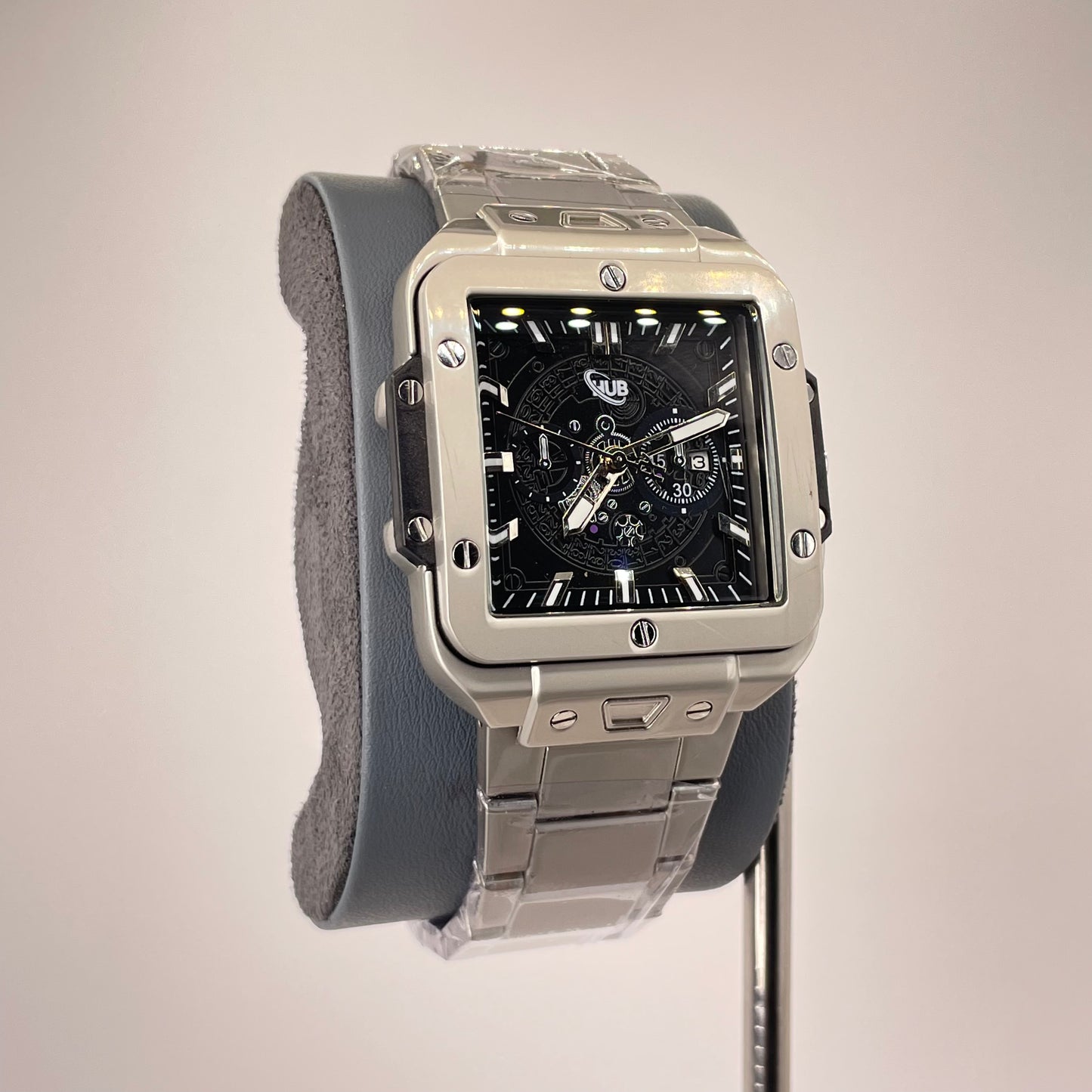 Hublot Santos Inspired Skeleton Chronograph - Integrated Stainless Steel Chain - Graphite Ice Edition