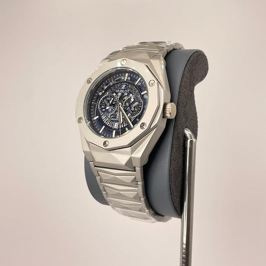 Hublot Premium Skeleton - Silver Diamond Cut Chain -  Obsidian Black Edition