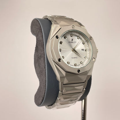 Hublot Premium Quartz - Silver Diamond Cut Chain - Diamond White Crystal Edition