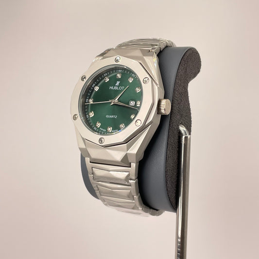 Hublot Premium Quartz - Silver Diamond Cut Chain - Forest Green Edition