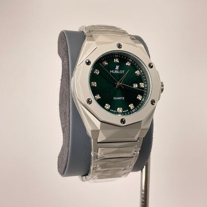 Hublot Premium Quartz - Silver Diamond Cut Chain - Forest Green Edition