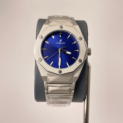 Hublot Premium Quartz - Silver Diamond Cut Chain - Royal Blue Edition