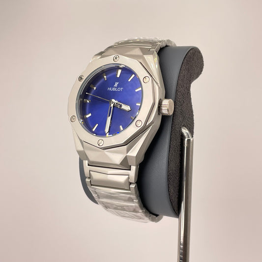 Hublot Premium Quartz - Silver Diamond Cut Chain - Royal Blue Edition