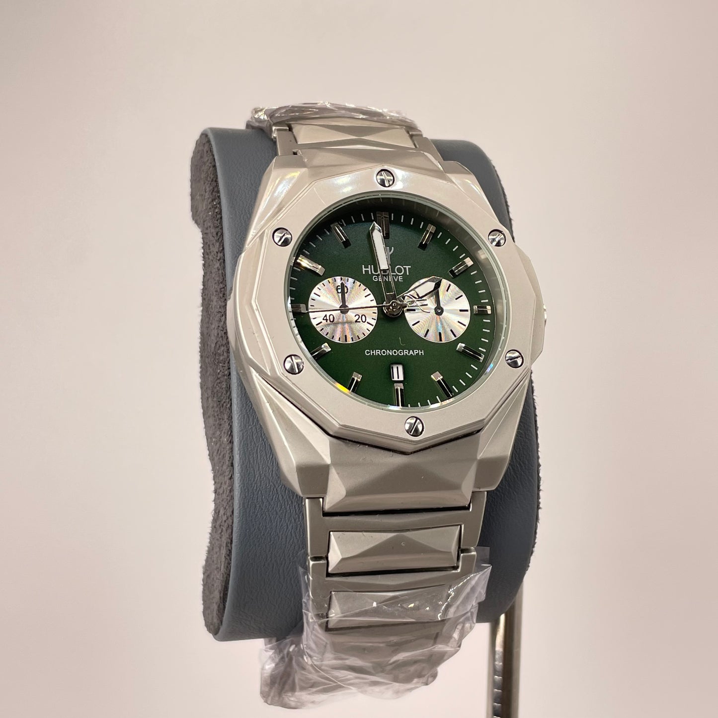 Hublot Premium Chronograph - Silver Diamond Cut Chain - Forest Green Edition