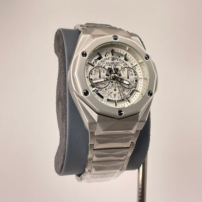 Hublot Premium Skeleton - Silver Diamond Cut Chain -  Crystal Silver Edition